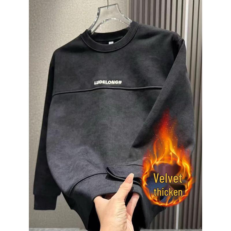 Men s Trendy Embroidered Velvet Hoodie: Winter Loose Fit, Round Neck, Long Sleeve Warm Top XL