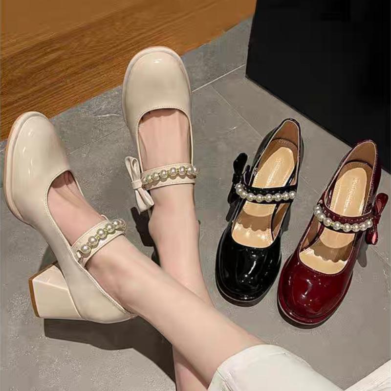 Fashion Platform Beads Bowknot Dating Shoes Spring Black Single Shoes Women Janes Pumps Round Toe Block Heels