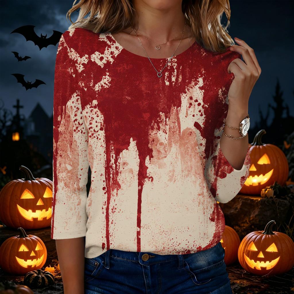 Women's Casual Round Neck Three Quarter Sleeve Halloween Print T Shirt Top Lightweight Comfortable Fit for Everyday Wear
