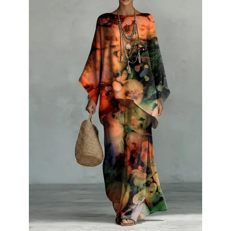 16 European and American artistic sense abstract graffiti set, round neck bat sleeve top + wide-leg pants loose two-piece set