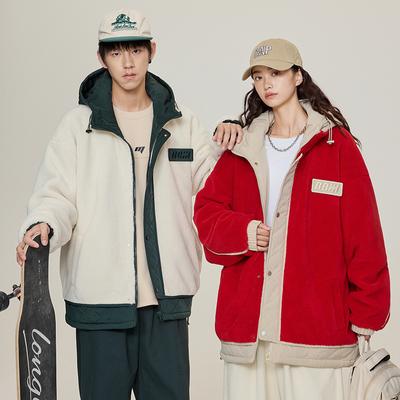 Lamb Fleece Jacket for Men In Winter, Thickened with Velvet, Warm Hooded Design, Loose Fake Two-piece Couple Style Cotton Jacket for Men