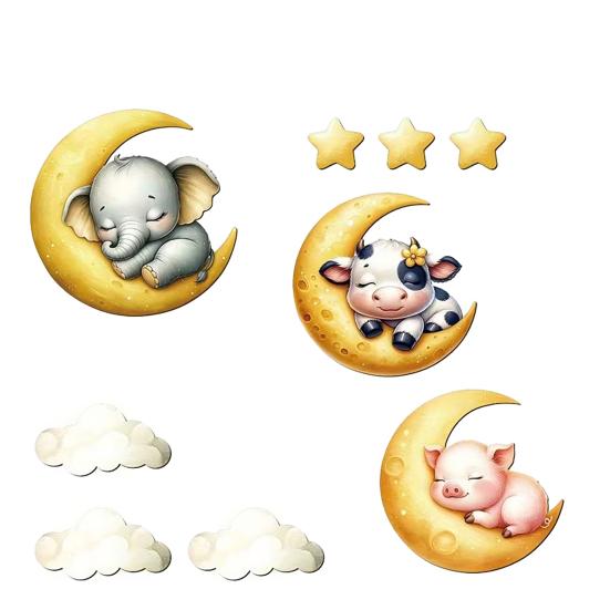 9Pcs Wooden Moon Cloud Star Wall Stickers Elephant Piglet Calf Wall Decals Cute Cartoon