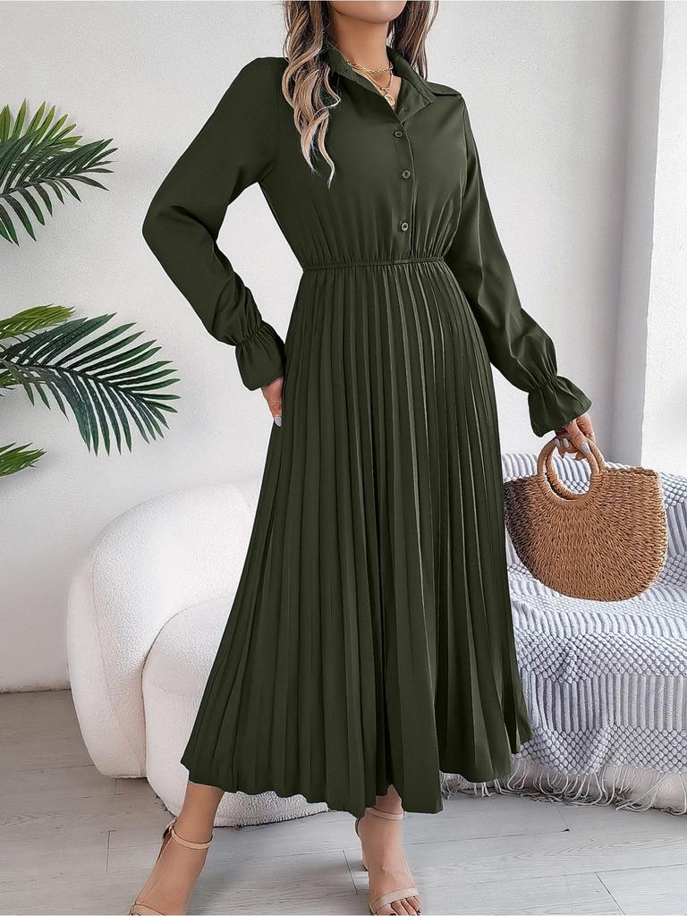 Abito a Colletto Reversibile Monocolore Abito Elegante Plissettato a Vita Alta per Donna Abiti Ampi a Maniche Lunghe Abito Casual