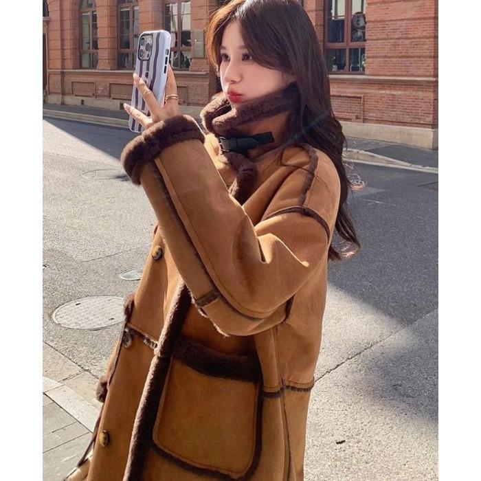 Korean Style Winter Lamb Fur Loose Coat for Women Thick Warm Long Fleece Lined Jacket