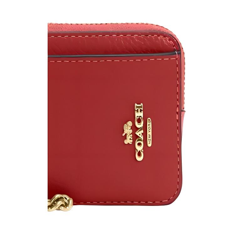 Coach Card Case With Zipper Closure And Chain Wrist Strap In Pebble Leather Mini Wallet Women Wallets Red 6303-IMP1Y