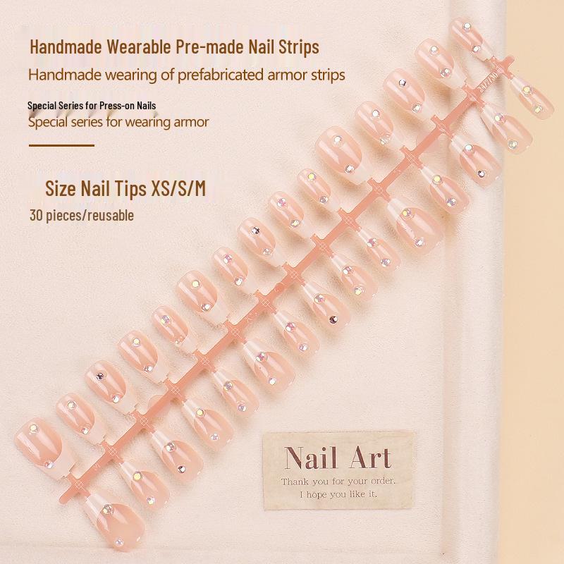 

Autumn French Milky White Edge Nail Art with Color Diamond – Handmade Wearable Nail Tips.