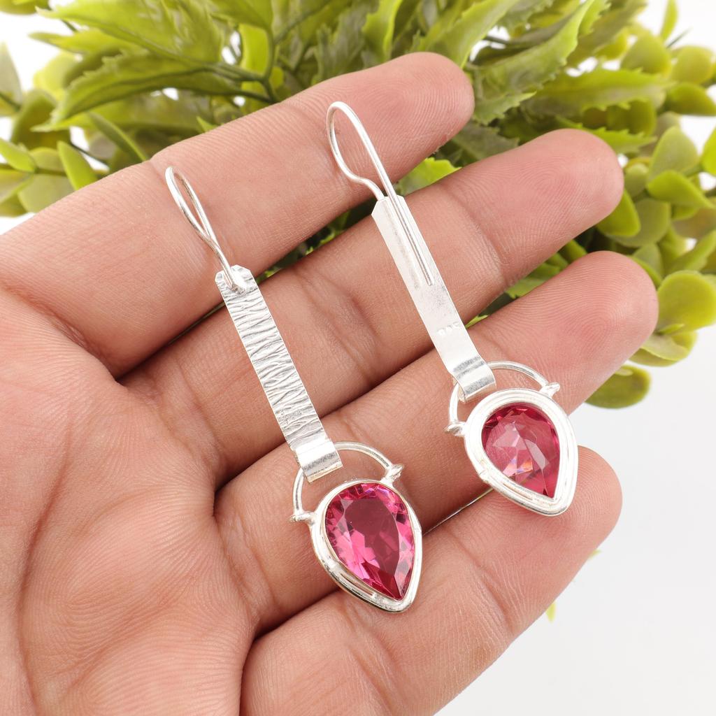 Pink Tourmaline Gemstone Earrings, Handmade 925 Solid Sterling Silver Jewelry, Meditation Earrings Jewelry For Women