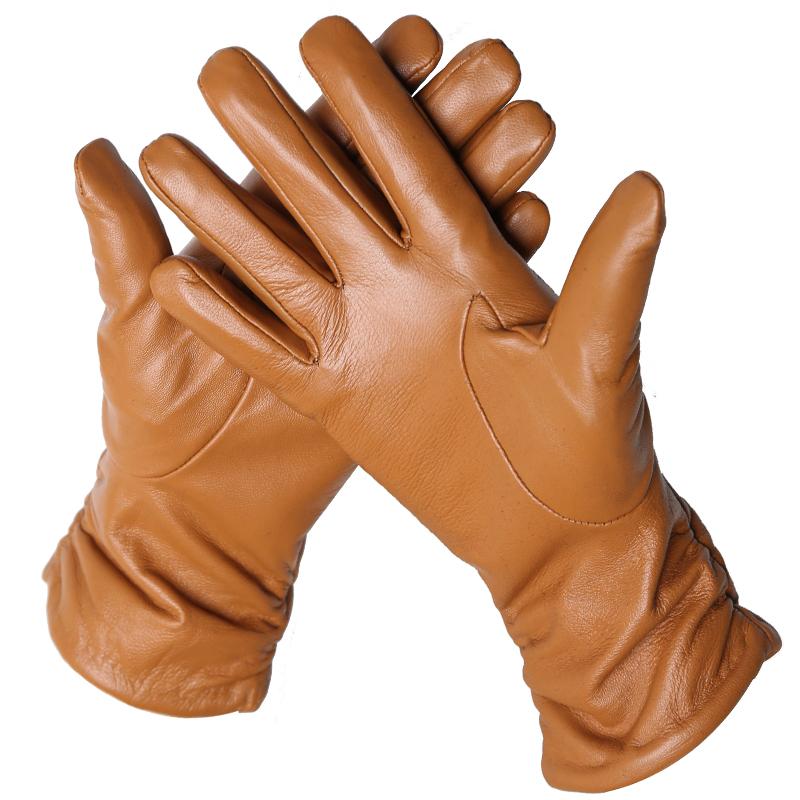 Yellow Brown Leather Gloves Good Quality Sheepskin Winter Gloves for Women 2227