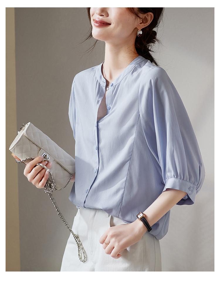 Lyocell Linen Round Neck Seven Quarter Sleeved Shirt for Women In Summer 2026, Loose and Versatile Casual Solid Color Top