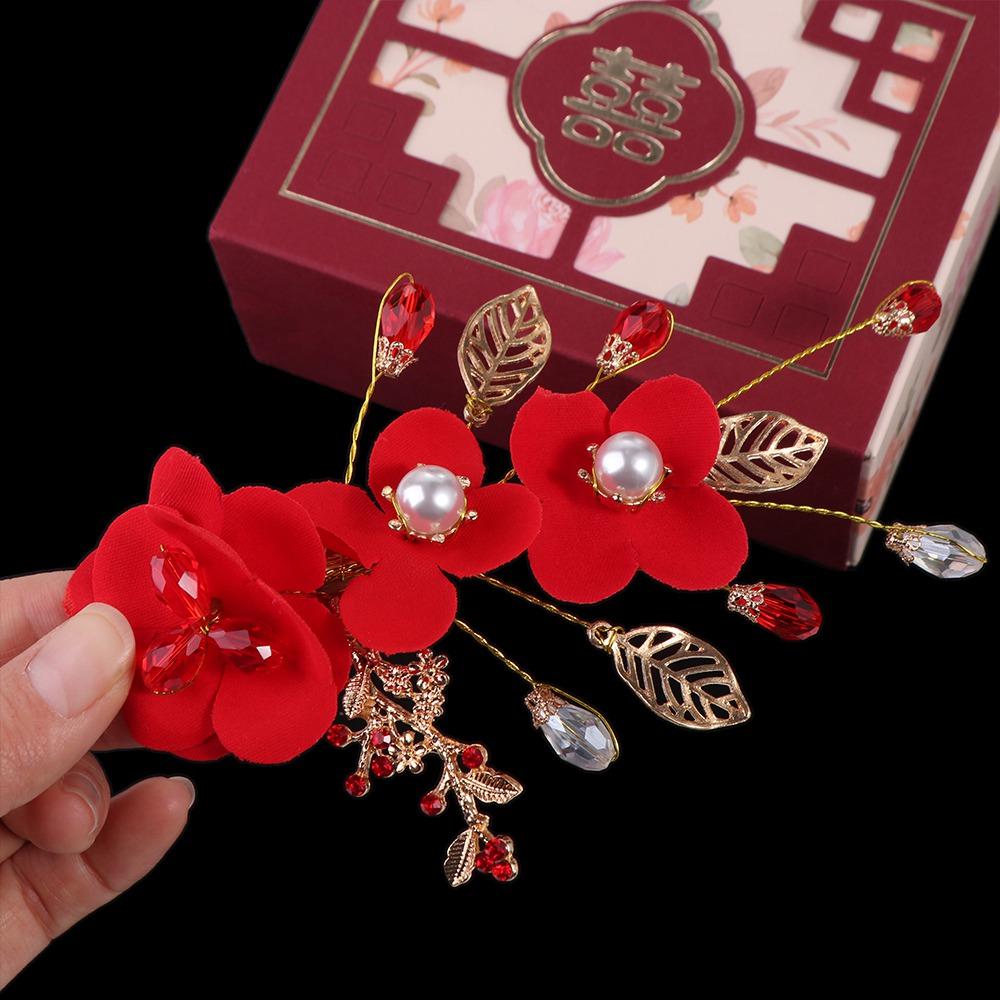 Bride Red Flower Pearl Chinese Hanfu Hair Clips Festival Hairpins Duckbill Clips Women Barrettes