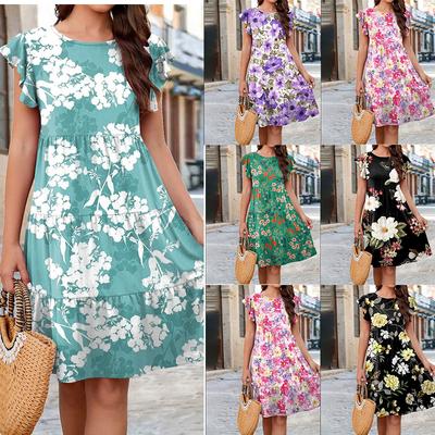 Women's Fashion Summer Spring Flower Pattern Print Short Sleeve O-Neck Loose Waistline Casual Dresses