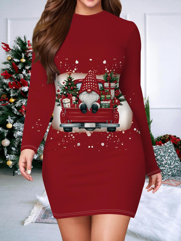 Nuovo Abito da Donna Avvolgente sui Fianchi Autunno Inverno 2025, Stampa e Tintura Natalizia 3D Moda Donna Maniche Lunghe Girocollo Sexy Abito Avvolgente sui Fianchi