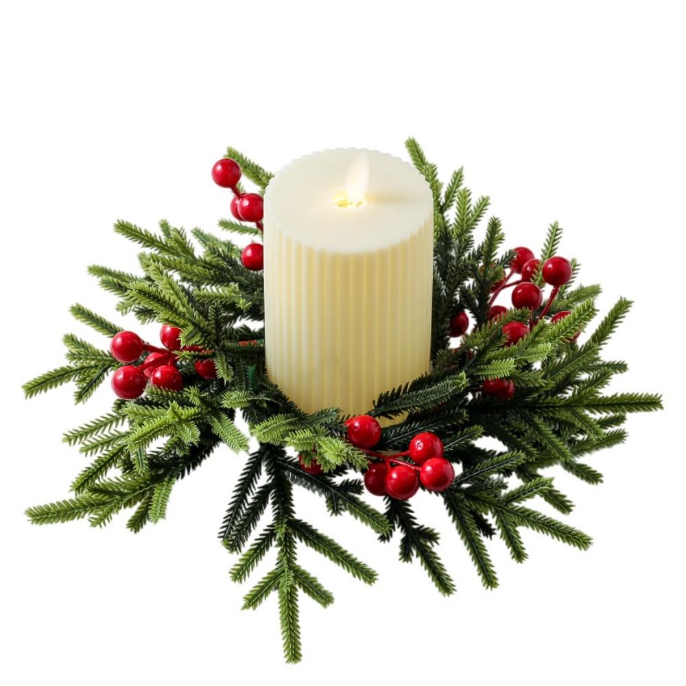 Christmas Wreath Artificial Berries Pinecone Pine Candlestick Wreaths Candle Holder Garland Home Xams Party Table Decoration
