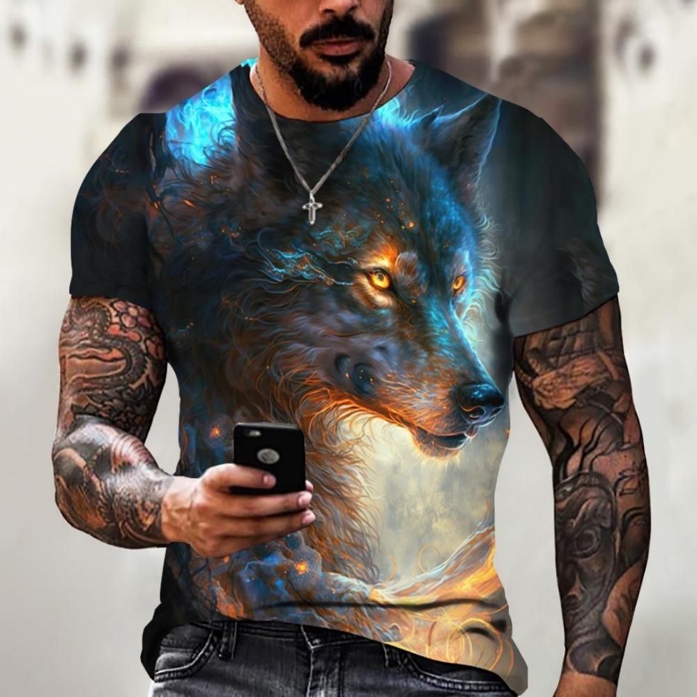 Men's T-shirt Outdoor Breathable Round Neck Top Summer Short Sleeve Wolf Print 3D Pattern Large Loose Men's Clothing