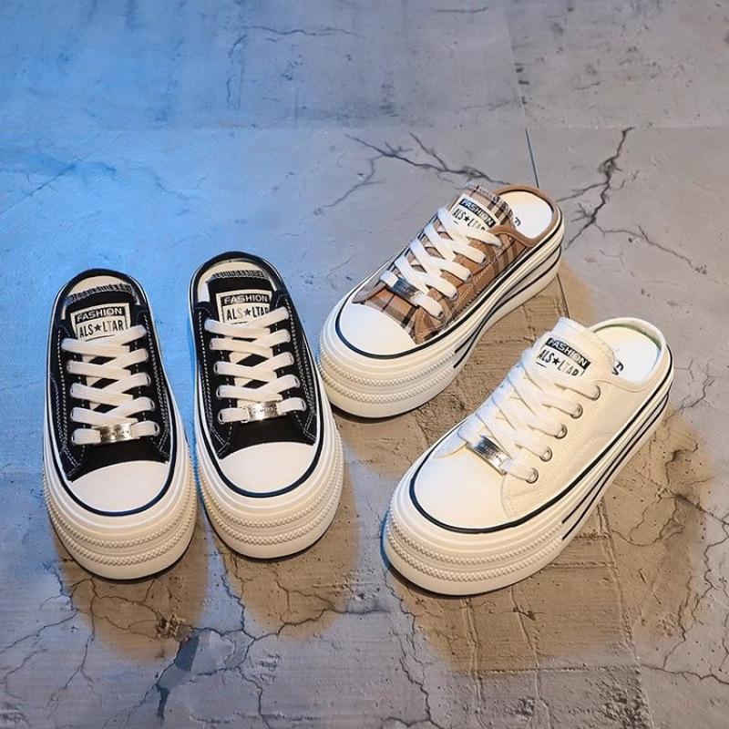 thick-soled one-pedal bag head canvas half-slippers women's summer wear new little white shoes casual small muffin board shoes