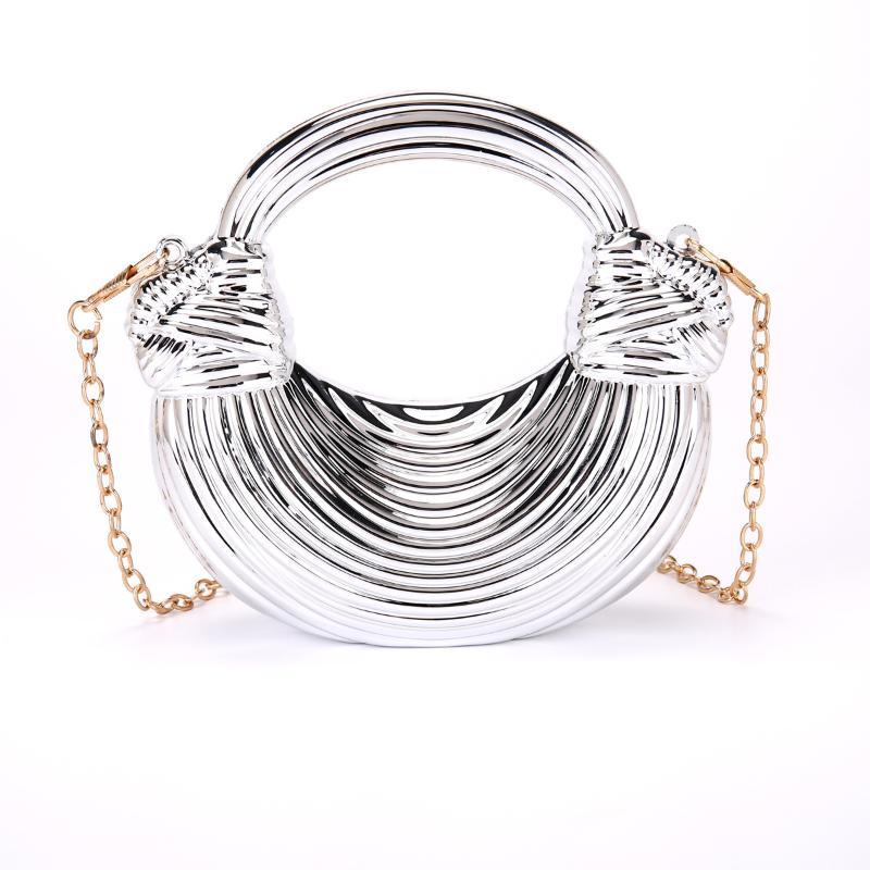 Metallic Crescent Clutch Bag Shiny Striped Design Detachable Chain Strap for Women Evening Wedding Cocktail Party