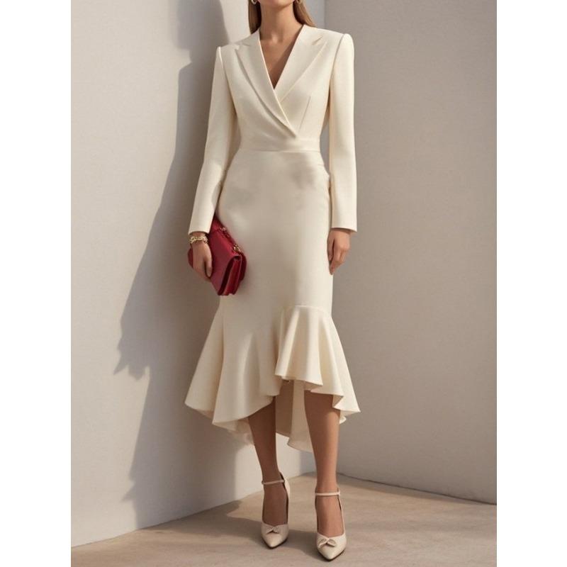 DAFIFY Women's Fashion Spring Fall Solid Color Print Long Sleeve POLO Neck High Waist Casual Dresses