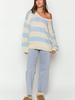 Herbst Winter Mode Lässiger Lockerer Strickpullover Schultergurt Cord Streifen Süßes Oberteil