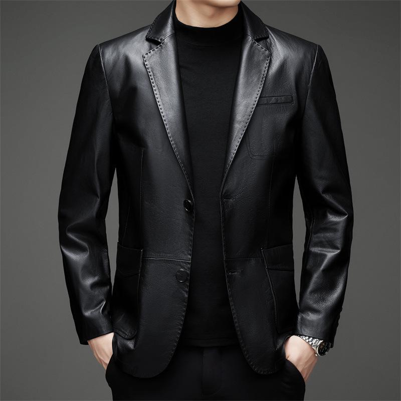 

Новая зимняя одежда, мужской кожаный костюм на пуху, модная повседневная теплая куртка для молодежи и среднего возраста, костюм для папы из коровьей кожи 190