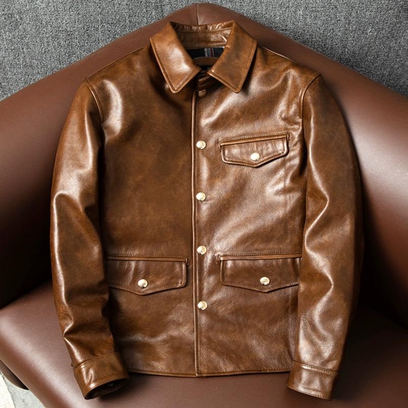 Genuine Leather Jacket for Men Top Grain Cowhide Slim Fit Waxed Tea Core Biker Coat