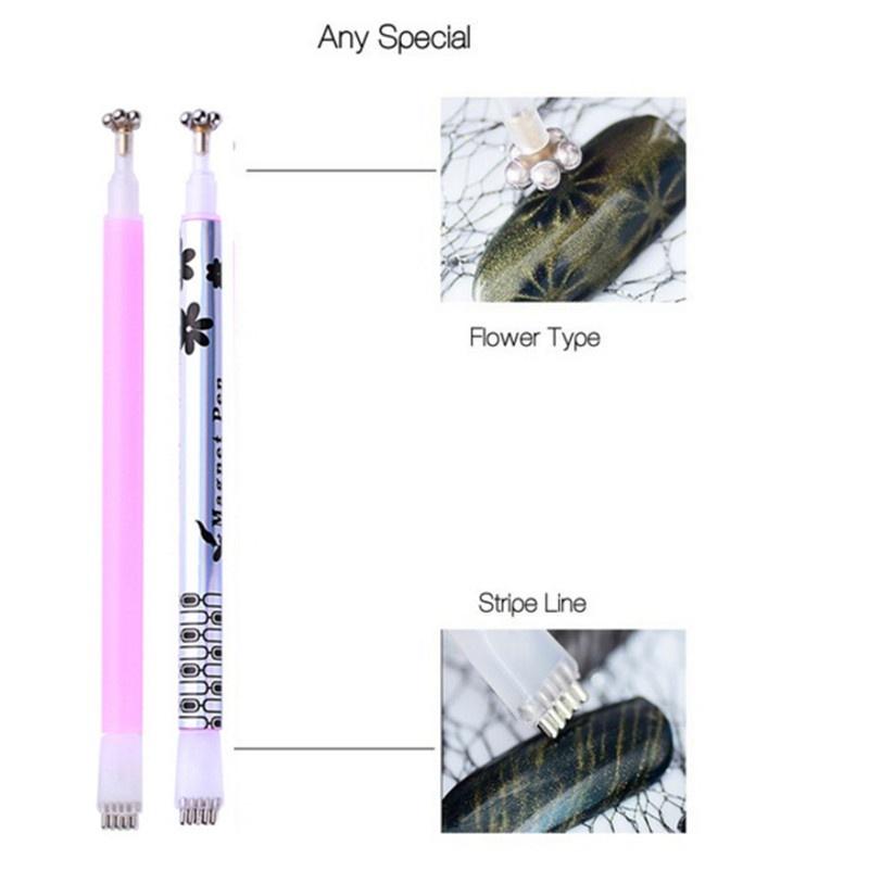 2 Pcs Nail Art Dual-ended Cat Eye Magnet Pen Flower Stripe Grid for DIY 3D Magnetic UV Gel Polish