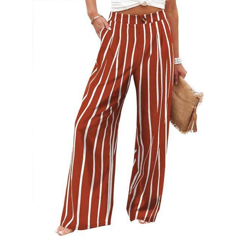 Women Solid High Waist Single Button Front Pleated Loose Wide Leg Comfort Casual Long Trousers
