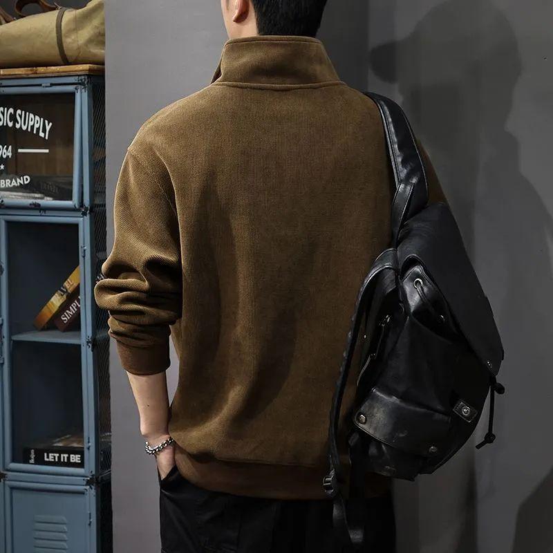 Men's Retro Fleece-Lined Patchwork Pullover: 2025 Autumn/Winter Stand Collar Polo with Half-Zip & Long Sleeves