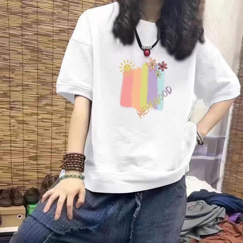 

Женская повседневная футболка с коротким рукавом из 100% хлопка - Новый свободный крой, Дизайн слим-фит, Большой размер, Модный топ с принтом M (Recommended 85-100 jin) белый