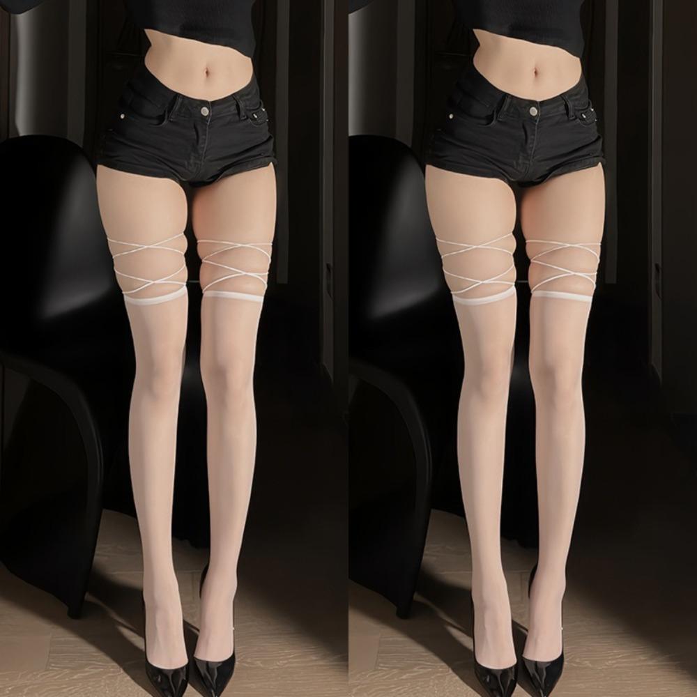 2Pairs Lolita JK Lace up Stocking Transparent Thigh High Stockings Chic Above Knee Stockings Party