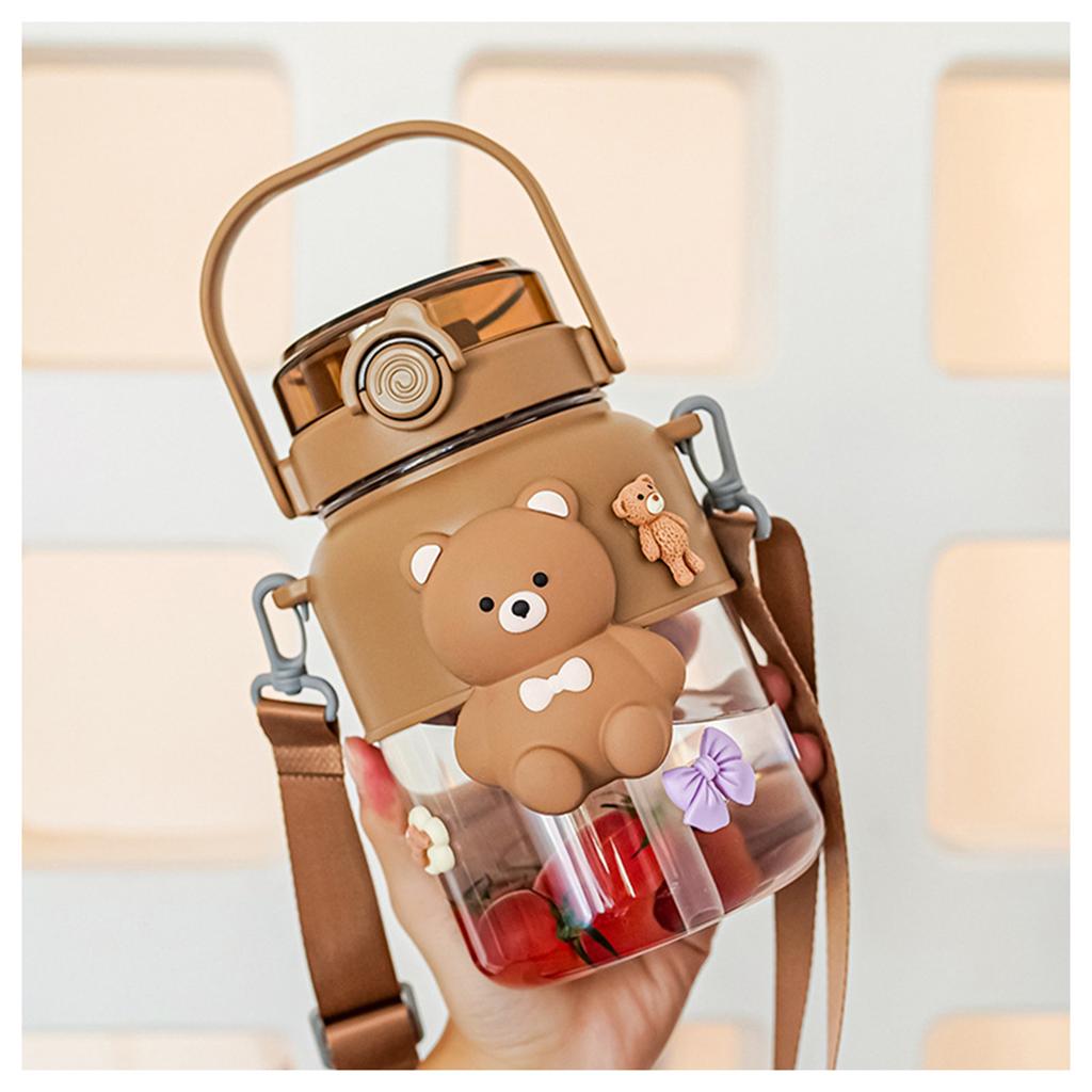 Portable Water Bottle With Bear Decor Adjustables Strap Design Sports Cup For Home Indoor Outdoor
