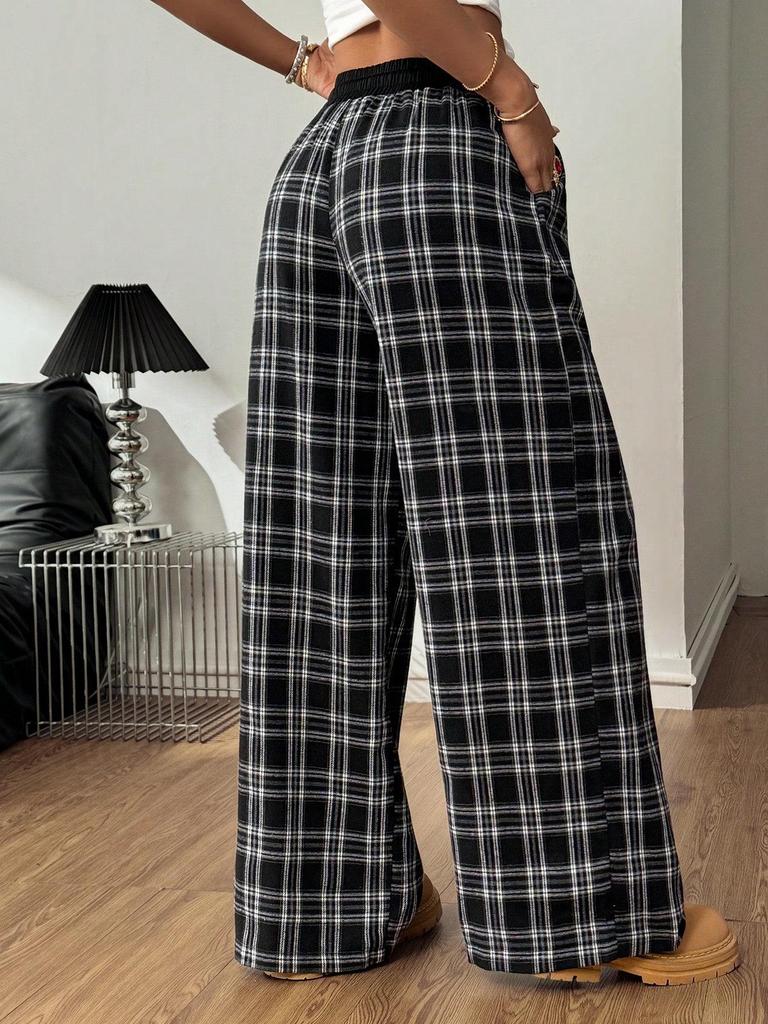 Plaid Patchwork High Waist Casual Sports Pants - Loose Lazy Style Straight Leg