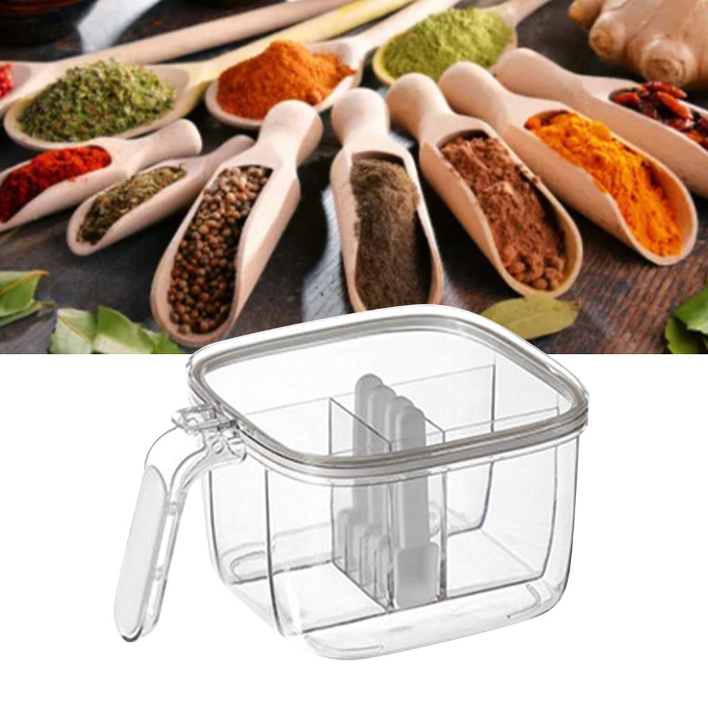 4 In 1 Seasoning Box with Lid and Spoons 4 Compartments Spice Jar Sealed Condiment Container for Home Kitchen White