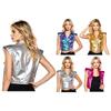 Women Punk Jazz Motorcycle Vest Metallic Shiny Notched Lapel V Neck Front Zipper Sleeveless Waistcoat for Club Night