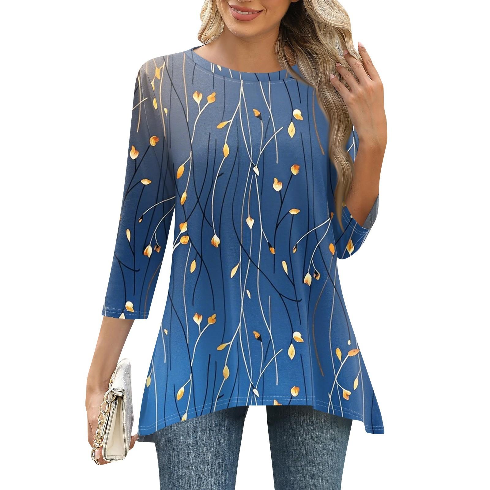 

3/4 рукав туника топы для женщин принтованный повседневный выходной свободный крой модная базовая футболка с круглым вырезом S синий