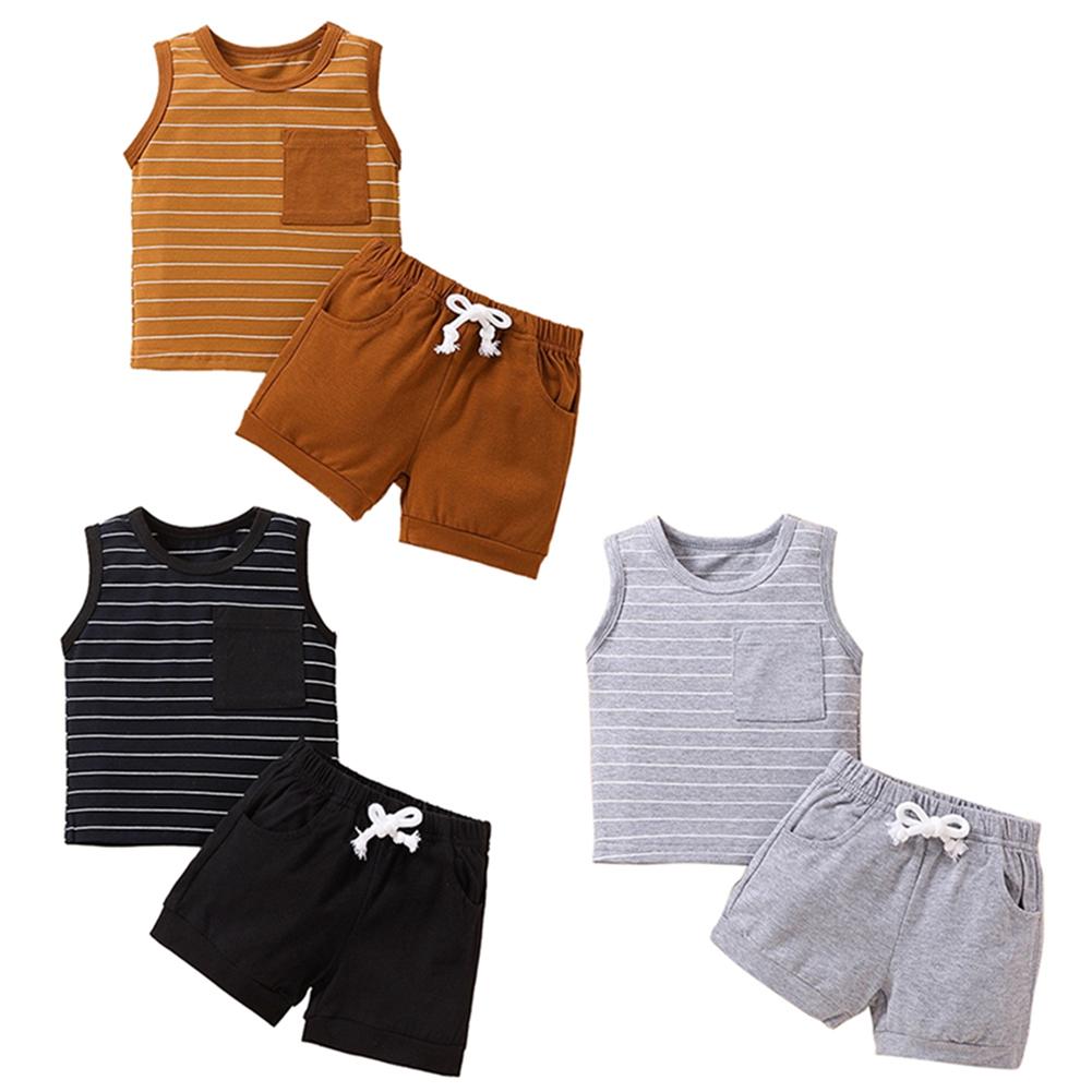 

Infant Baby Summer Clothes Set Striped Vest Top and Solid Color Drawstring Shorts