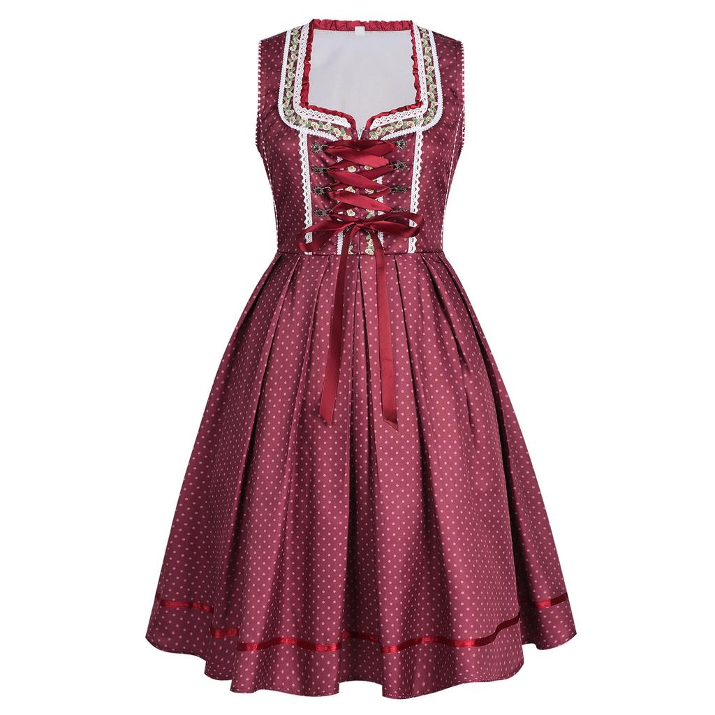 Traditional Bavarian Dirndl Dress for Women Oktoberfest Costume with Lace-Up Bodice and Apron Classic Vintage Style