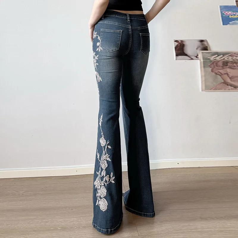 STREETRICH Women Retro Y2k Jeans Baggy Floral Embroidery Jeans Vintage 2000s Low Rise Flared Denim Pants High Street Basic Trousers