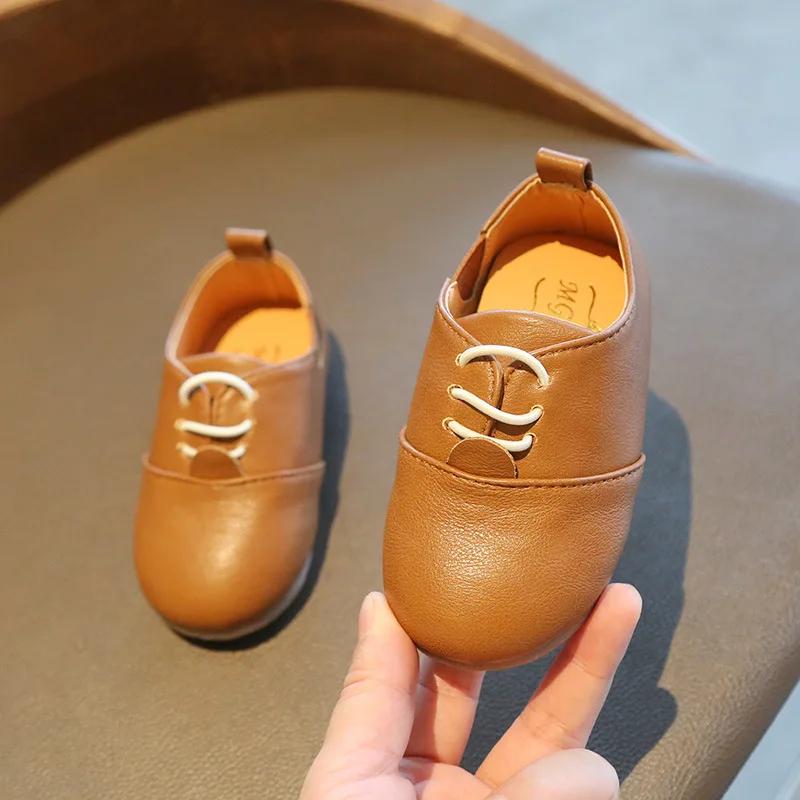 

New Spring Children Casual Shoes White Dress Shoes Girls Boys Soft Bottom Black Brown Kids Leather Shoes Kid Slip On E02133 21 коричневый