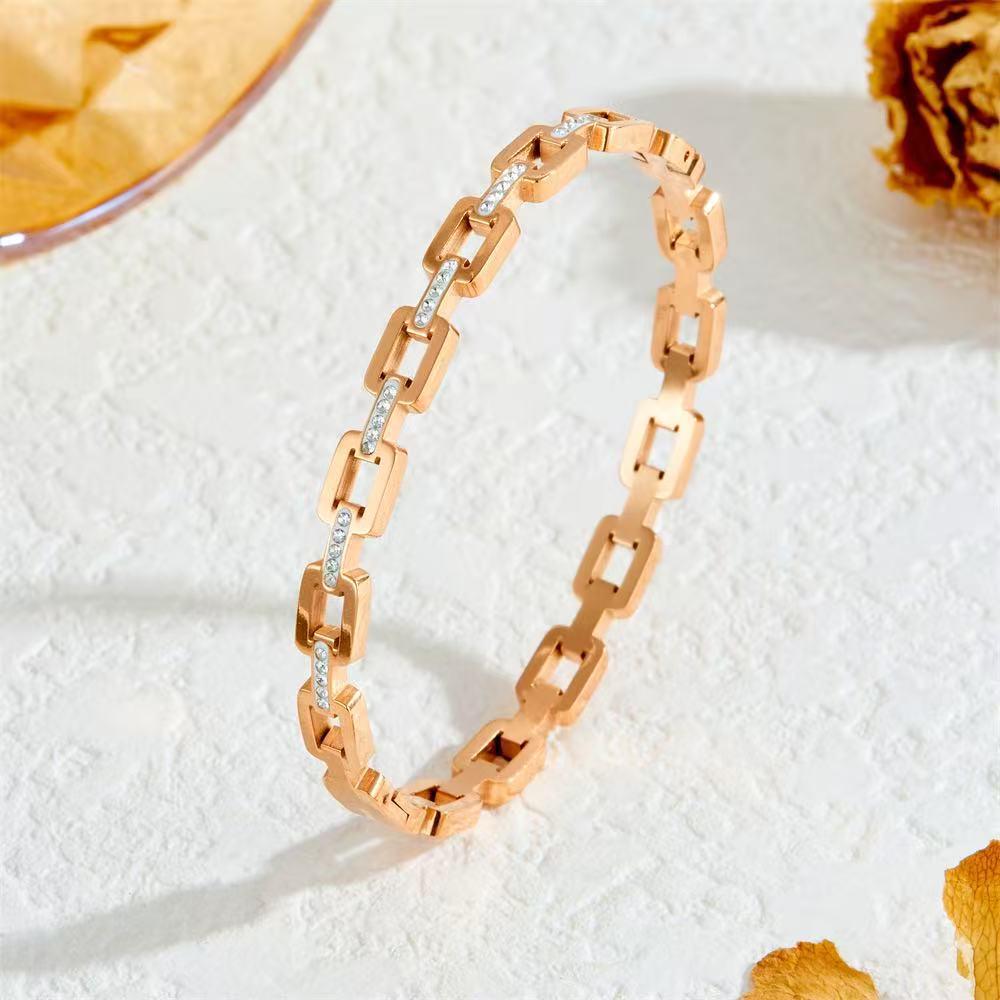 Luxurious Rose Gold Titanium Steel Bracelet with Starry Diamond Inlays & Colorfast Mother of Pearl for Women