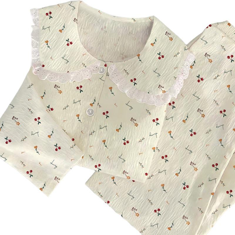 Spring Long-Sleeved Pajamas Women'S Thin Cloud Cotton Sweet Little Cherry Casual And Comfortable Loungewear Set