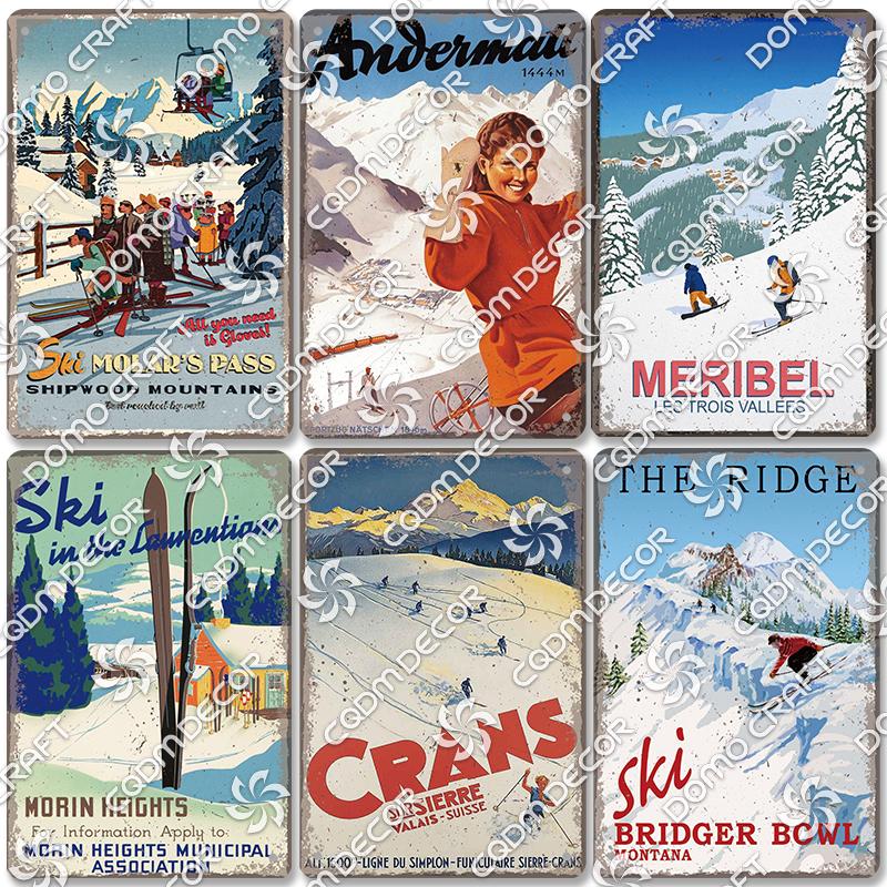 Ski Poster Metall Blechschilder Skipiste Schlitten Winter Skifahren Sport Metallplatte Vintage Wanddeko Geschäft Ski Club Wohnzimmer Zuhause