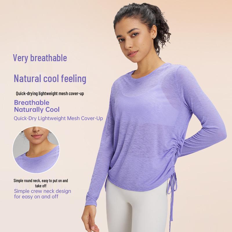 Women's Quick-Dry Mesh Yoga T-Shirt - Breathable, Loose-Fit, Long Sleeve, Drawstring Activewear