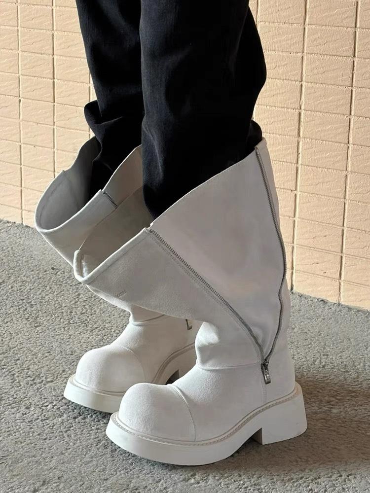 Retro big round head knight boots new personality two wear big tube circumference zipper high boots