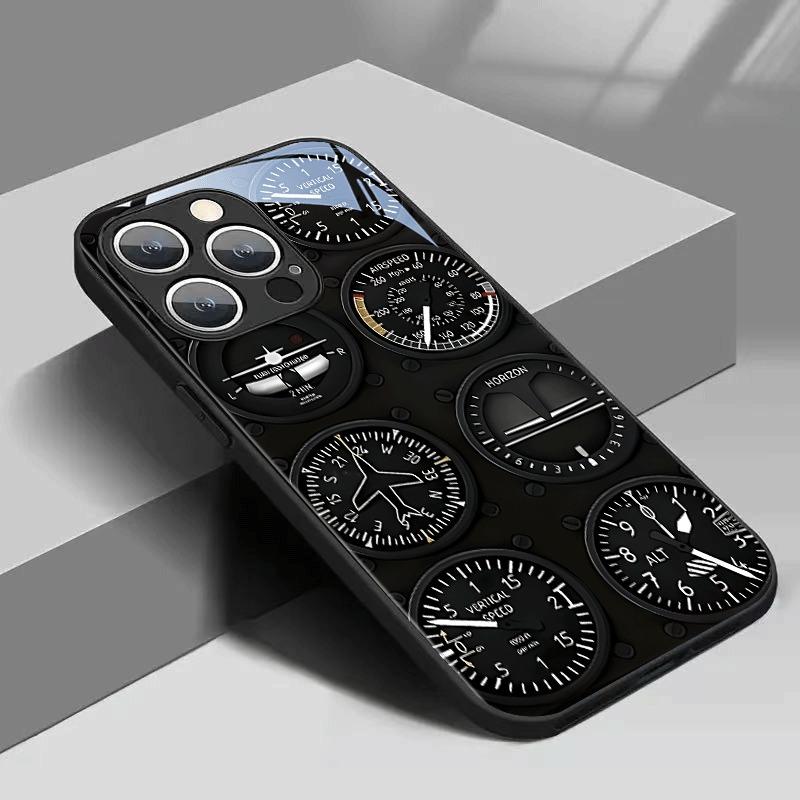 Aviation Instrument Pattern Tempered Glass Phone Case For iPhone 17 Pro Max 11 12 13 14 15 16 Pro 17 Air 7 8 Plus XS X XR Cover