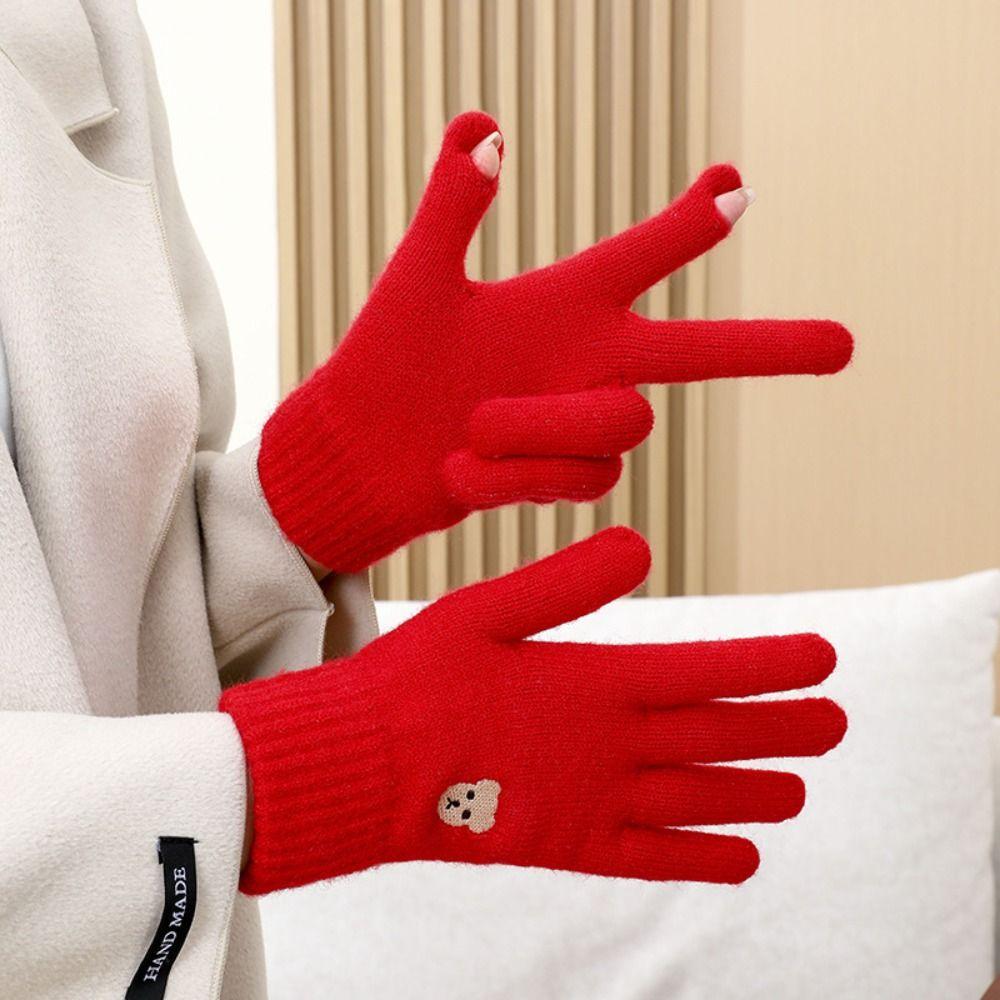 New Warm Winter Knitted Gloves Solid Color Bear Touch Screen Gloves Windproof Cycling Gloves Women