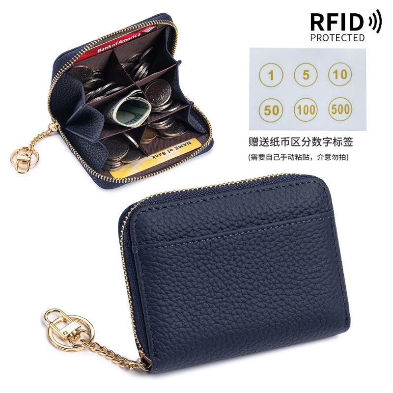 New first-layer cowhide short partition layer coin change bag genuine leather RFID Japanese multi-functional mini wallet women