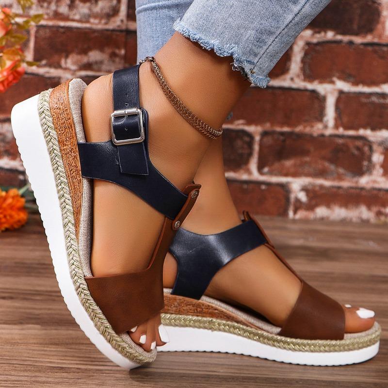 Spring and summer new hemp rope bottom wedge heel sandals women's belt buckle open toe round head platform sandals