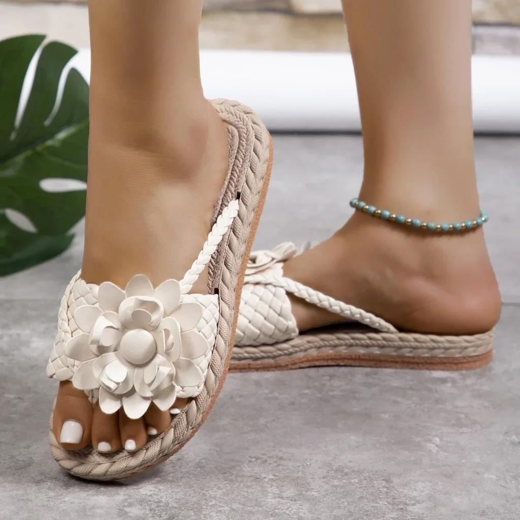 Fashion Summer Floral Braided Flat Slippers Classics Solid PU Leather Women Non Slip Flip Flops Soft Comfortable Beach Sandals Femme