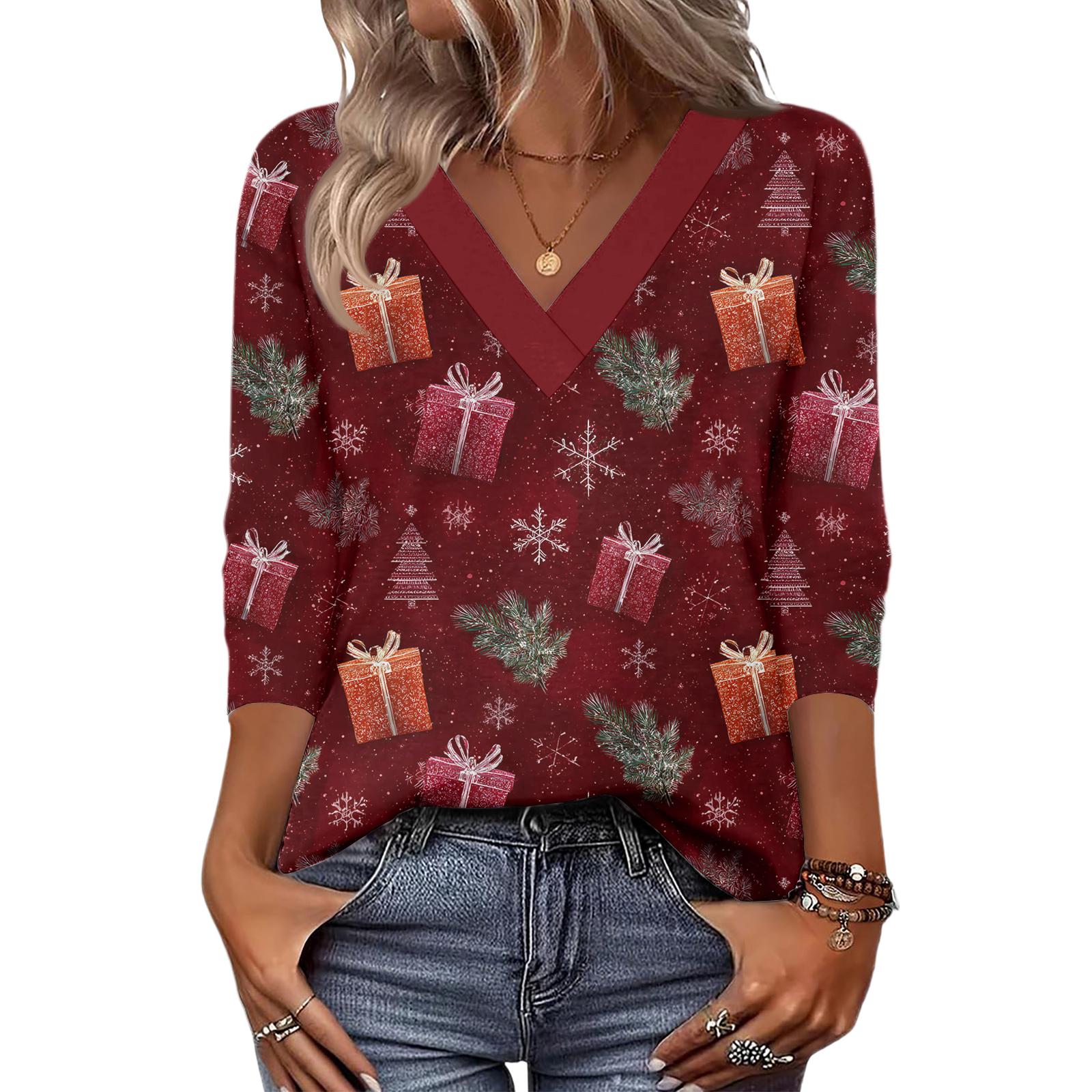 

Women s Loose Comfortable Casual Fashion V-Neck Christmas Print 3/4 Sleeve Top S Кіновар