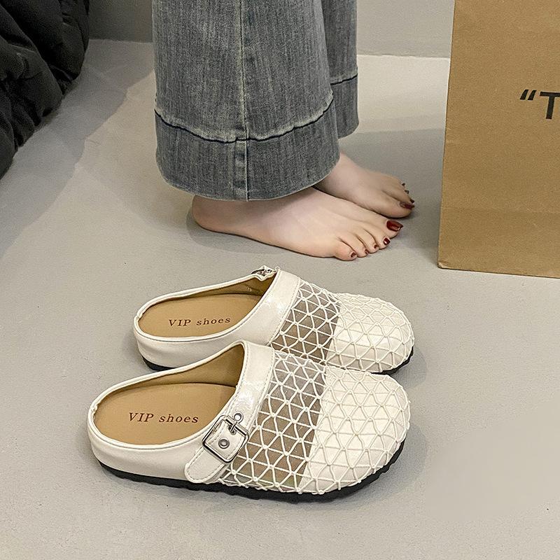 One pedal bag head half slippers women's woven new mesh breathable summer wear lazy half slippers flat bottom